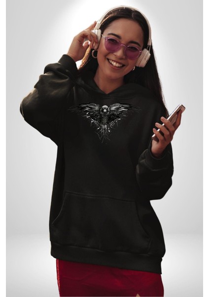 Karga Üç Gözlü Havalı Gotik Kadın Erkek Baskılı Üç Iplik Siyah Kapüşonlu Hodie Sweatshirt