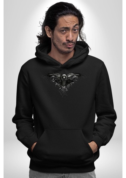 Karga Üç Gözlü Havalı Gotik Kadın Erkek Baskılı Üç Iplik Siyah Kapüşonlu Hodie Sweatshirt modelleri