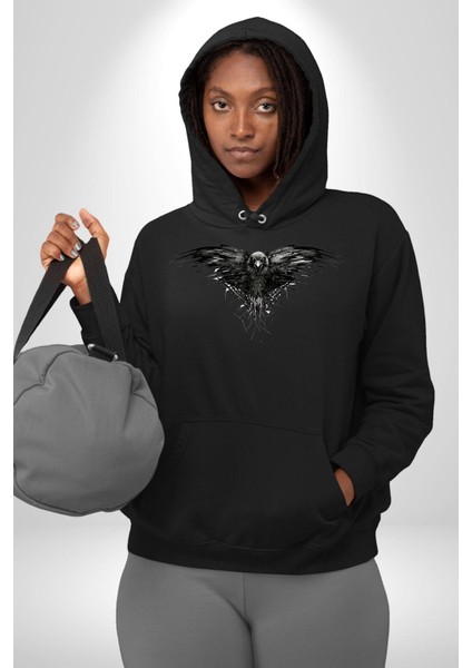 Karga Üç Gözlü Havalı Gotik Kadın Erkek Baskılı Üç Iplik Siyah Kapüşonlu Hodie Sweatshirt fırsatları