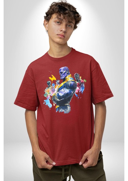 Thanos Iron Man Efsaneler Kadın Erkek Ön Baskılı Kırmızı Pamuklu Tişört Penye Klasik