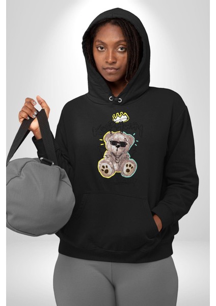 Oyuncak Ayı Sokaklar Kralı Kadın Erkek Baskılı Üç Iplik Siyah Kapüşonlu Hodie Sweatshirt modelleri