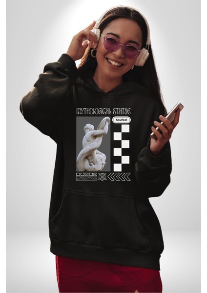 Mitolojik Heykeller Kadın Erkek Baskılı Üç Iplik Siyah Kapüşonlu Hodie Sweatshirt modelleri
