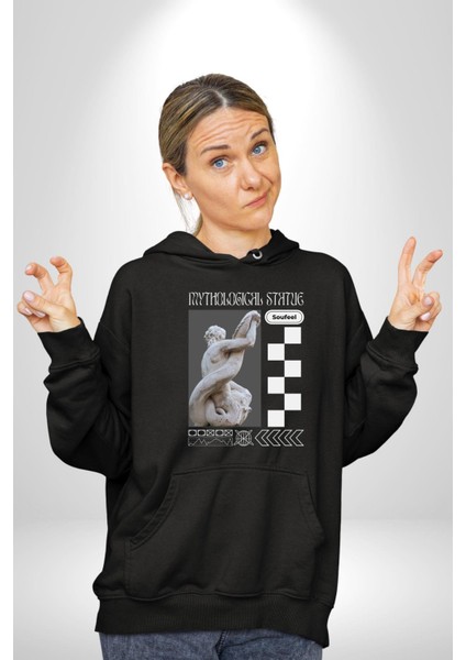 Mitolojik Heykeller Kadın Erkek Baskılı Üç Iplik Siyah Kapüşonlu Hodie Sweatshirt fırsatları
