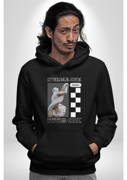 Mitolojik Heykeller Kadın Erkek Baskılı Üç Iplik Siyah Kapüşonlu Hodie Sweatshirt indirimleri