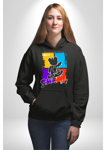 Rengarenk Kaykaylı Oyuncak Ayı Kadın Erkek Baskılı Üç Iplik Siyah Kapüşonlu Hodie Sweatshirt