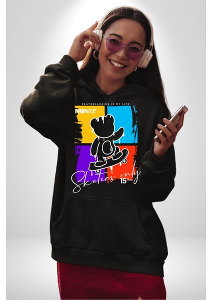 Rengarenk Kaykaylı Oyuncak Ayı Kadın Erkek Baskılı Üç Iplik Siyah Kapüşonlu Hodie Sweatshirt fiyatları