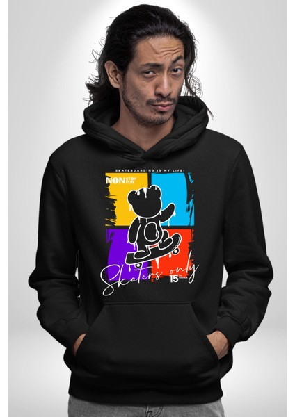 Rengarenk Kaykaylı Oyuncak Ayı Kadın Erkek Baskılı Üç Iplik Siyah Kapüşonlu Hodie Sweatshirt fırsatları