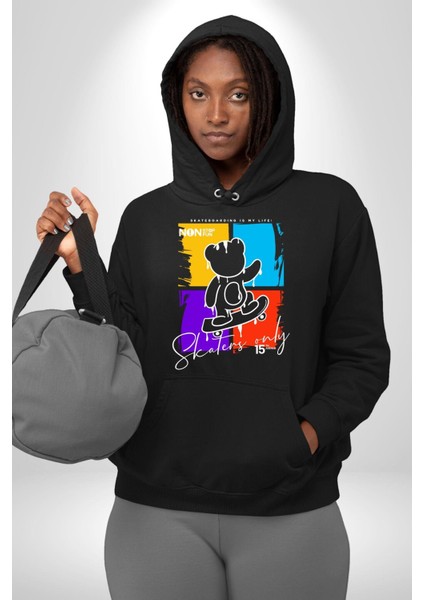 Rengarenk Kaykaylı Oyuncak Ayı Kadın Erkek Baskılı Üç Iplik Siyah Kapüşonlu Hodie Sweatshirt indirimleri