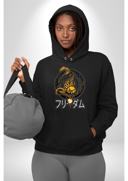 Koi Balığı Japon Efsanesi Kadın Erkek Baskılı Üç Iplik Siyah Kapüşonlu Hodie Sweatshirt