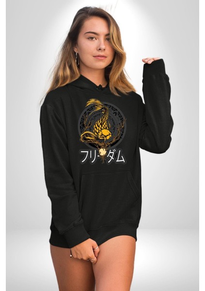 Koi Balığı Japon Efsanesi Kadın Erkek Baskılı Üç Iplik Siyah Kapüşonlu Hodie Sweatshirt fiyatları