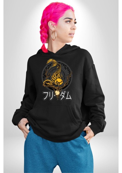 Koi Balığı Japon Efsanesi Kadın Erkek Baskılı Üç Iplik Siyah Kapüşonlu Hodie Sweatshirt modelleri