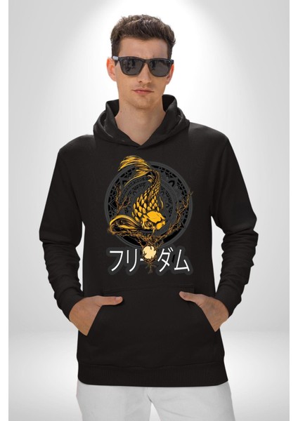 Koi Balığı Japon Efsanesi Kadın Erkek Baskılı Üç Iplik Siyah Kapüşonlu Hodie Sweatshirt fırsatları