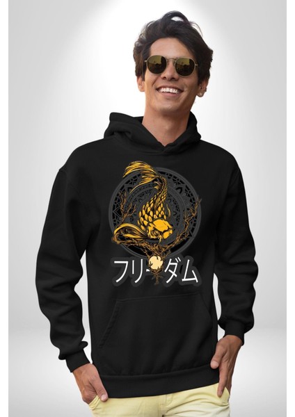 Koi Balığı Japon Efsanesi Kadın Erkek Baskılı Üç Iplik Siyah Kapüşonlu Hodie Sweatshirt indirimleri