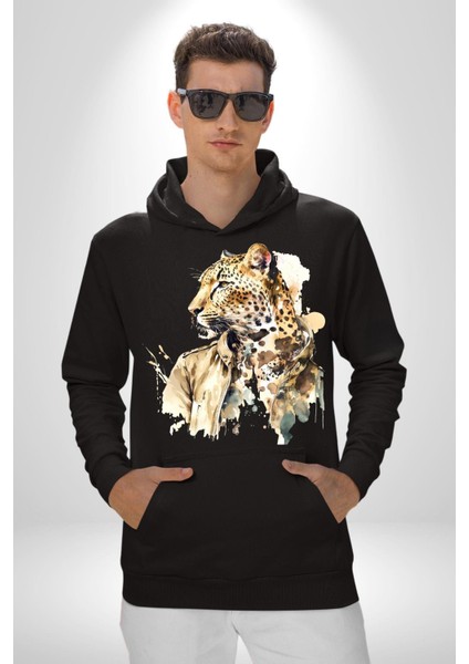 Tarz Leopar Ceketli Çizim Kadın Erkek Baskılı Üç Iplik Siyah Kapüşonlu Hodie Sweatshirt