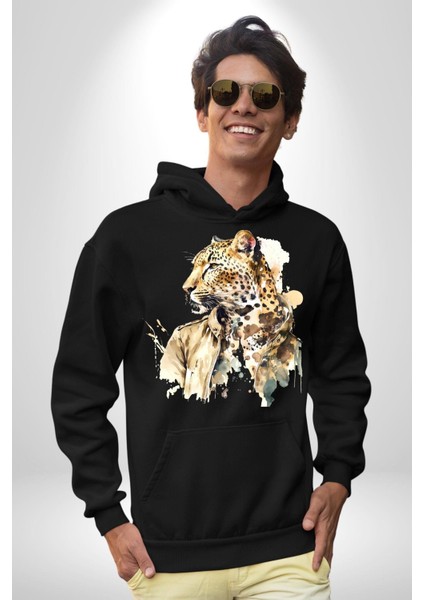 Tarz Leopar Ceketli Çizim Kadın Erkek Baskılı Üç Iplik Siyah Kapüşonlu Hodie Sweatshirt fiyatları