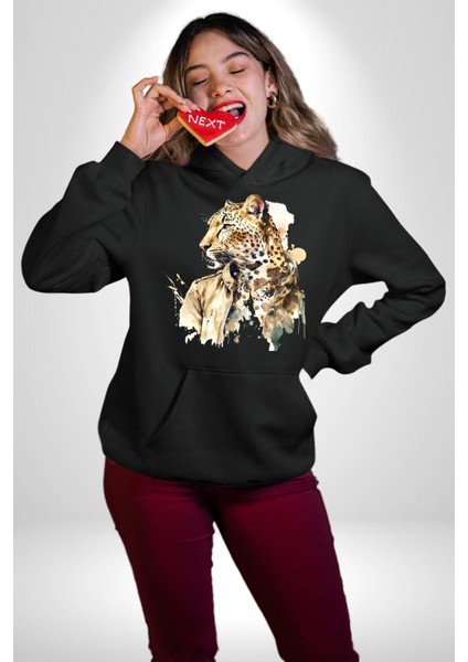 Tarz Leopar Ceketli Çizim Kadın Erkek Baskılı Üç Iplik Siyah Kapüşonlu Hodie Sweatshirt modelleri