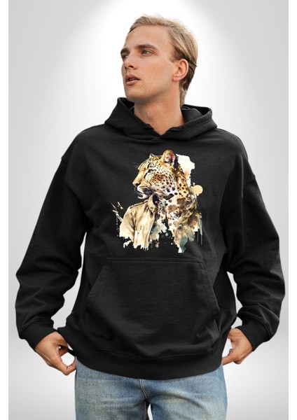 Tarz Leopar Ceketli Çizim Kadın Erkek Baskılı Üç Iplik Siyah Kapüşonlu Hodie Sweatshirt fırsatları