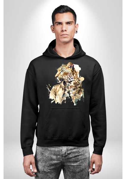 Tarz Leopar Ceketli Çizim Kadın Erkek Baskılı Üç Iplik Siyah Kapüşonlu Hodie Sweatshirt indirimleri