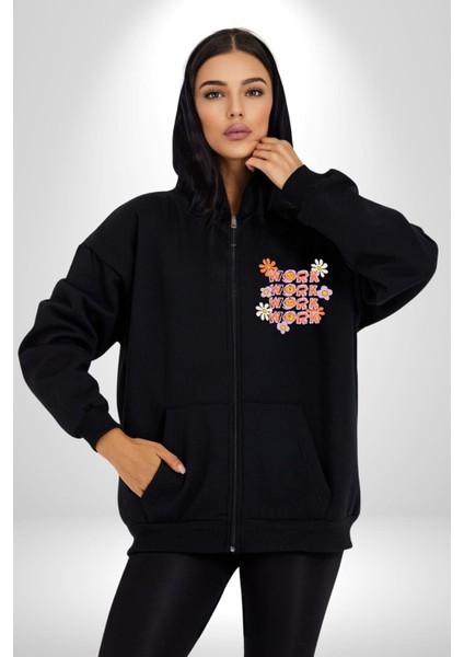 Çalış Papatya Gülen Yüz Kadın Erkek Baskılı Fermuarlı Kapüşonlu Hırka Sweatshirt