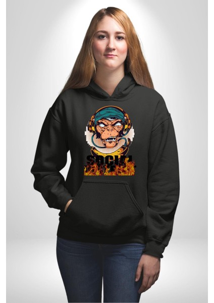 Sosyal Çılgın Dj Maymun Kadın Erkek Baskılı Üç Iplik Siyah Kapüşonlu Hodie Sweatshirt