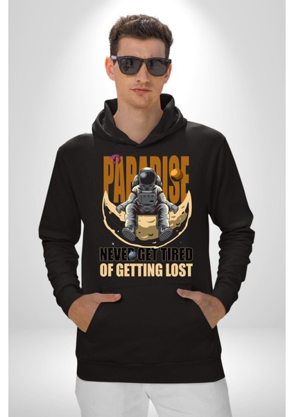 Kaybolmaktan Asla Bıkma Astronot Kadın Erkek Baskılı Üç Iplik Siyah Kapüşonlu Hodie Sweatshirt fırsatları