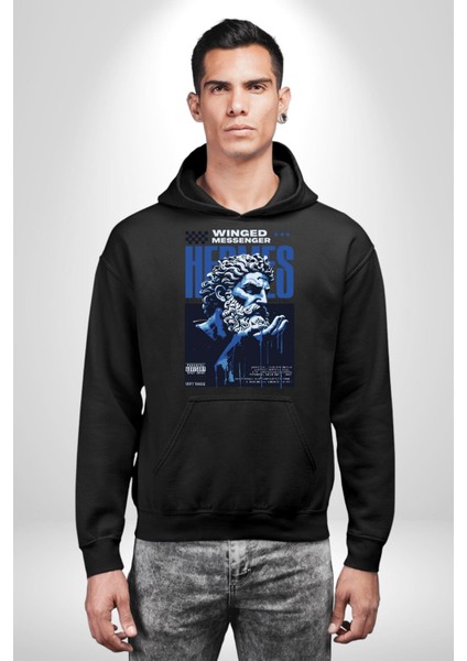 Yunan Tanrısı Efsane Kanatlı Kadın Erkek Baskılı Üç Iplik Siyah Kapüşonlu Hodie Sweatshirt fırsatları