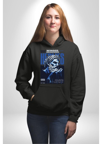 Yunan Tanrısı Efsane Kanatlı Kadın Erkek Baskılı Üç Iplik Siyah Kapüşonlu Hodie Sweatshirt indirimleri
