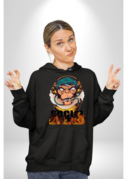 Sosyal Çılgın Dj Maymun Kadın Erkek Baskılı Üç Iplik Siyah Kapüşonlu Hodie Sweatshirt modelleri