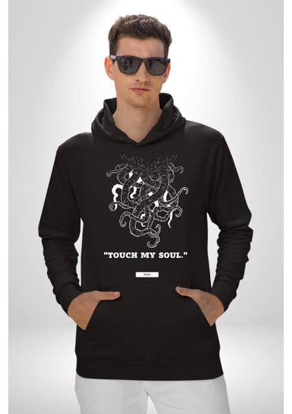 Ruhuma Dokun Deniz Yaratığı Kadın Erkek Baskılı Üç Iplik Siyah Kapüşonlu Hodie Sweatshirt