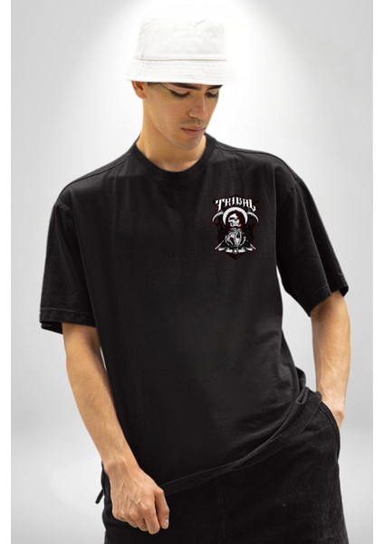 Dünyayı Tutan Kahin Iskelet Adam Kadın Erkek Ön Minimal Sırt Baskılı Siyah Pamuklu Tişört modelleri