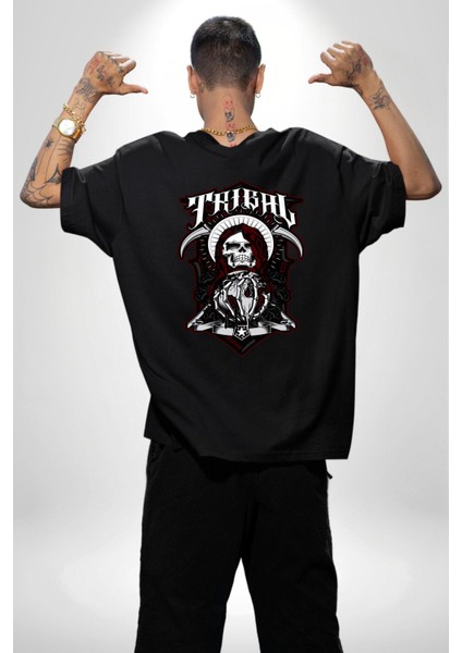 Dünyayı Tutan Kahin Iskelet Adam Kadın Erkek Ön Minimal Sırt Baskılı Siyah Pamuklu Tişört indirimleri