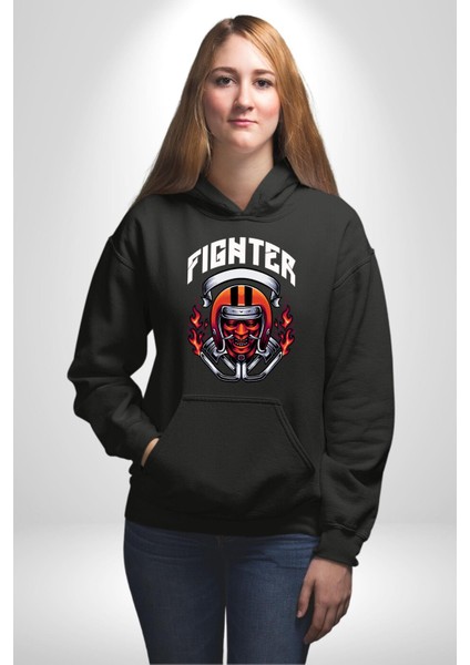 Dövüşçü Kurukafa Pilot Kasklı Kadın Erkek Baskılı Üç Iplik Siyah Kapüşonlu Hodie Sweatshirt