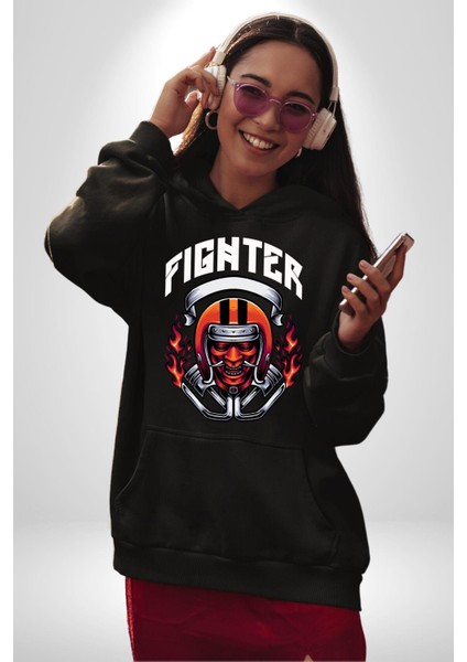 Dövüşçü Kurukafa Pilot Kasklı Kadın Erkek Baskılı Üç Iplik Siyah Kapüşonlu Hodie Sweatshirt fiyatları