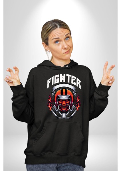 Dövüşçü Kurukafa Pilot Kasklı Kadın Erkek Baskılı Üç Iplik Siyah Kapüşonlu Hodie Sweatshirt modelleri