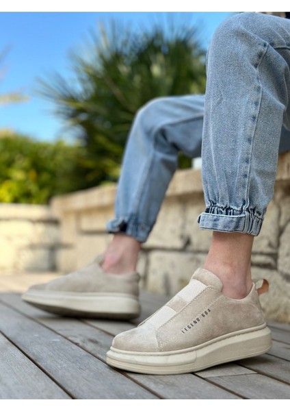 BA0307 Boa Kalın Süet Yüksek Taban Çift Bant Bej Erkek Ayakkabı