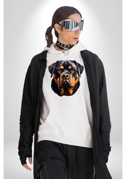 Rottweiler Alman Irkı Köpek Kadın Erkek Baskılı Üç Iplik Beyaz Kapüşonlu Hodie Sweatshirt fiyatları