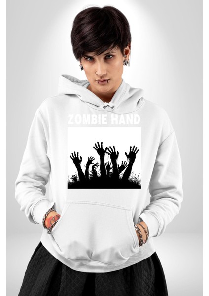 Zombi Elleri Logo Kadın Erkek Baskılı Üç Iplik Beyaz Kapüşonlu Hodie Sweatshirt