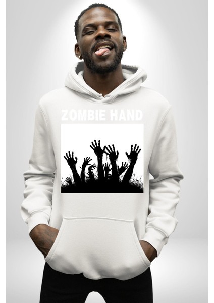 Zombi Elleri Logo Kadın Erkek Baskılı Üç Iplik Beyaz Kapüşonlu Hodie Sweatshirt fiyatları