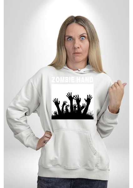Zombi Elleri Logo Kadın Erkek Baskılı Üç Iplik Beyaz Kapüşonlu Hodie Sweatshirt modelleri
