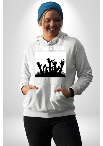 Zombi Elleri Logo Kadın Erkek Baskılı Üç Iplik Beyaz Kapüşonlu Hodie Sweatshirt indirimleri