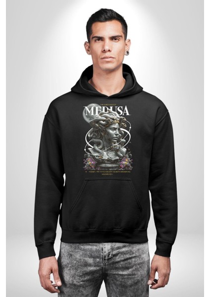 Yunan Mitolojisi Taşa Çeviren Medusa Kadın Erkek Baskılı Üç Iplik Siyah Kapüşonlu Hodie Sweatshirt