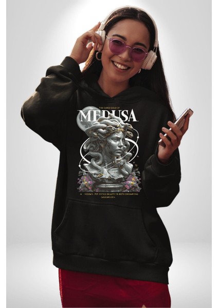 Yunan Mitolojisi Taşa Çeviren Medusa Kadın Erkek Baskılı Üç Iplik Siyah Kapüşonlu Hodie Sweatshirt modelleri