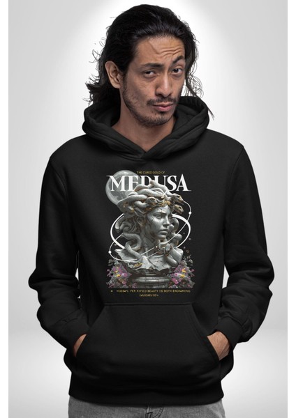 Yunan Mitolojisi Taşa Çeviren Medusa Kadın Erkek Baskılı Üç Iplik Siyah Kapüşonlu Hodie Sweatshirt indirimleri