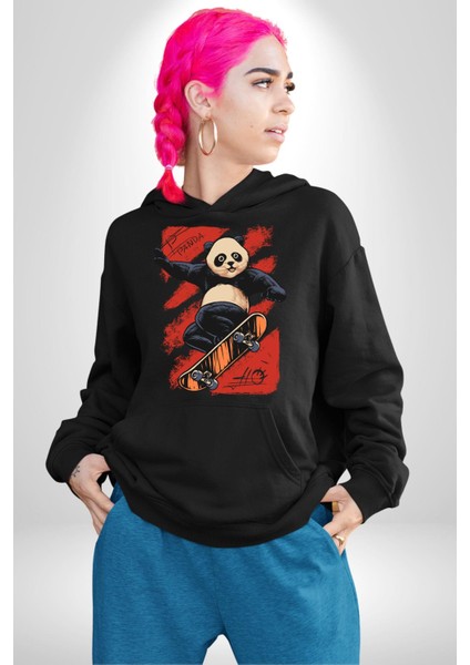 Kaykaycı Havalı Panda Kadın Erkek Baskılı Üç Iplik Siyah Kapüşonlu Hodie Sweatshirt fiyatları