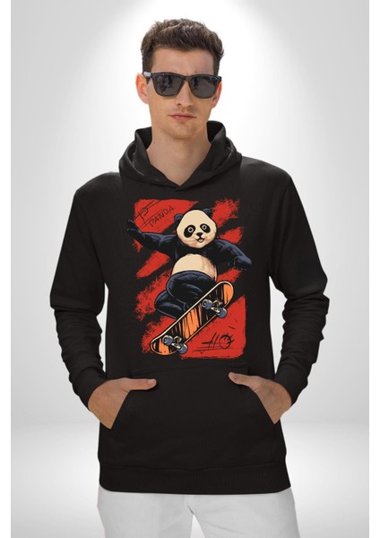 Kaykaycı Havalı Panda Kadın Erkek Baskılı Üç Iplik Siyah Kapüşonlu Hodie Sweatshirt modelleri