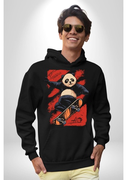 Kaykaycı Havalı Panda Kadın Erkek Baskılı Üç Iplik Siyah Kapüşonlu Hodie Sweatshirt fırsatları