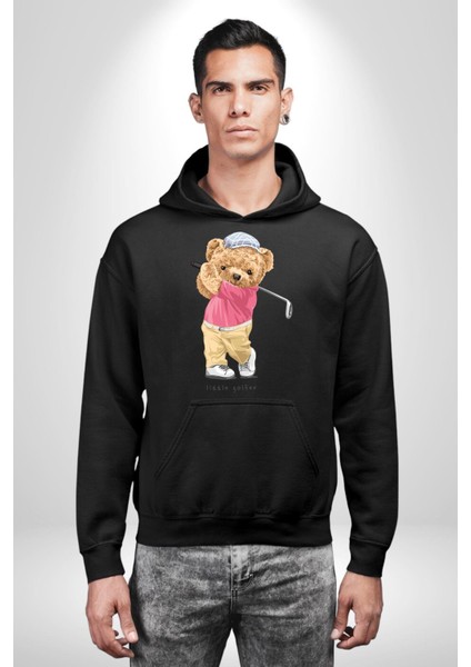 Golf Oynayan Oyuncak Ayı Kadın Erkek Baskılı Üç Iplik Siyah Kapüşonlu Hodie Sweatshirt fiyatları