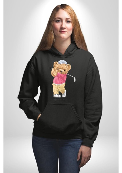 Golf Oynayan Oyuncak Ayı Kadın Erkek Baskılı Üç Iplik Siyah Kapüşonlu Hodie Sweatshirt modelleri