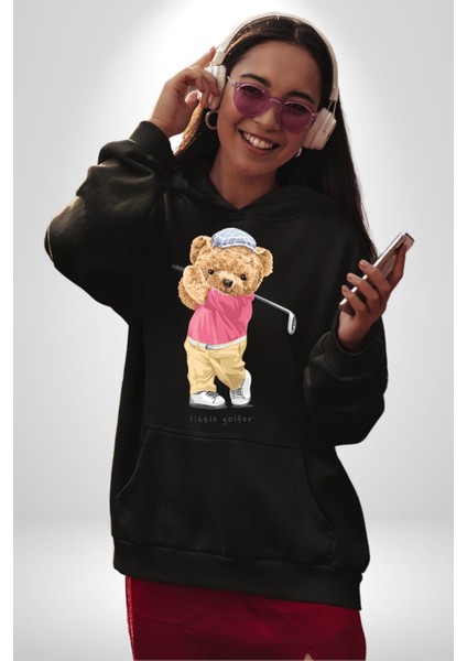 Golf Oynayan Oyuncak Ayı Kadın Erkek Baskılı Üç Iplik Siyah Kapüşonlu Hodie Sweatshirt fırsatları