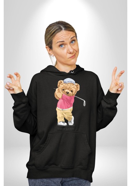 Golf Oynayan Oyuncak Ayı Kadın Erkek Baskılı Üç Iplik Siyah Kapüşonlu Hodie Sweatshirt indirimleri